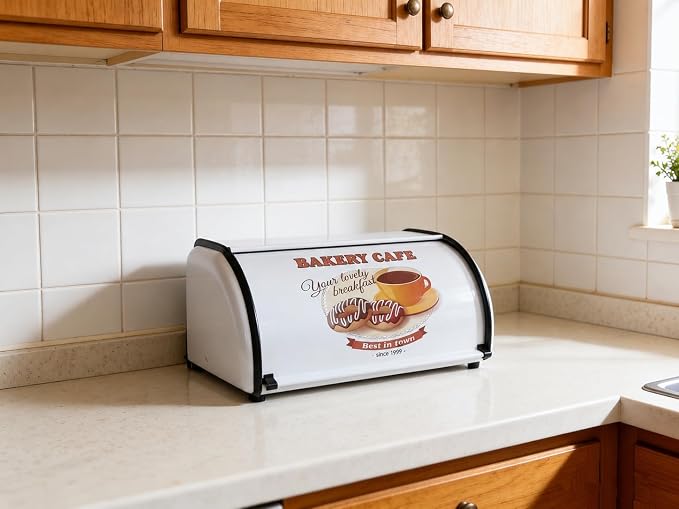 Metal Bread Box for Kitchen Countertop, White Roll Top Bread Bin | Stainless steel with smooth roll-top lid, the vintage bread box keeps homemade bread fresh while organizing countertop by JunWondC