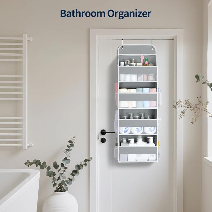 Yecaye Over The Door Organizer, Heavy Duty Hanging Organizers and Storage with 4 Large Capacity Pockets, Swing-Proof Behind The Door Storage for Bathroom Nursery Bedroom Dorm Closet, Grey,1Pc - Image 7