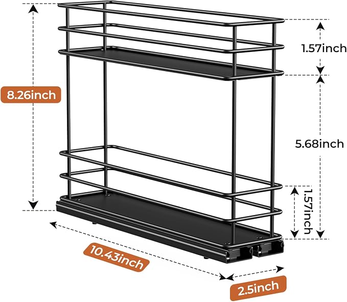Mystozer Pull Out Spice Rack Organizer for Cabinet, Slide Out Spice Racks, Easy to Install Spice Cabinet Organizer, 2.5" Wx10.43 Dx8.26 H, 1 Drawer 2 Tiers（Black） - Image 6