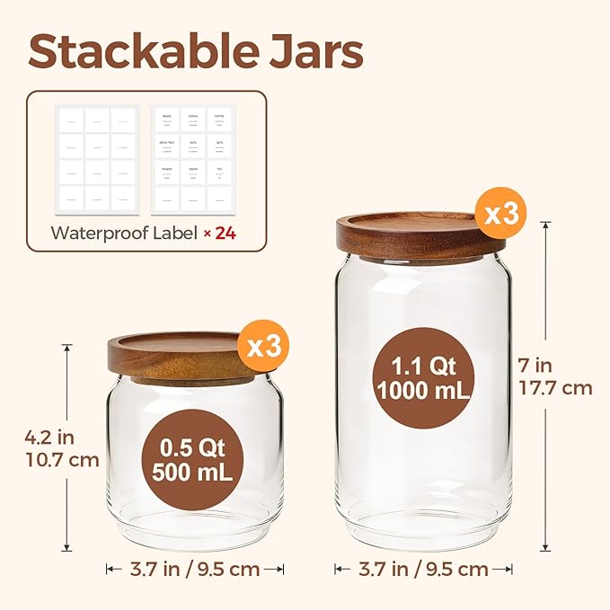 ComSaf Glass Pantry Storage Container with Acacia Wood Lids 1.1/0.5Qt 6Pack | Food Canister for Cooks, Oats Coffee Sugar Nuts Snacks Tea Candy, Pantry Kitchen Living Room, Stacked Design, Jar with Labels - Image 2
