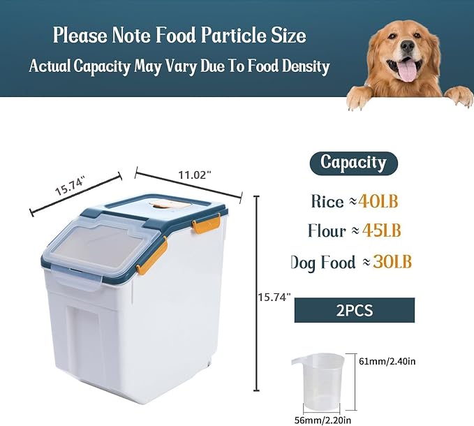 50 lbs Flour Storage Container, 2 Pack Rice Storage Container with Measuring Cup & Scoop, Pet Food Storage Container Dog Cat Food Bin, Blue - Image 2