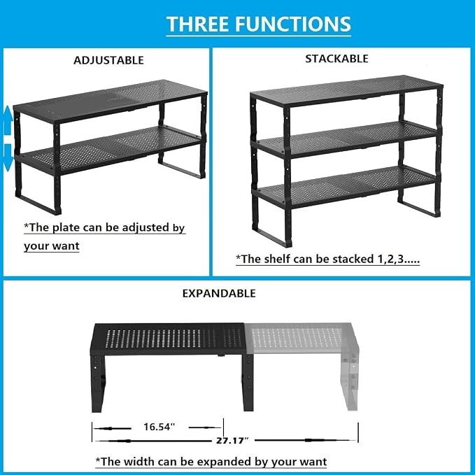 Expandable,Adjustable & Stackable Spice Rack, Cabinet Kitchen Countertop Shelf Organizer,Metal Pantry Storage Shelves - Space-Saving Storage Solution(1Pack/Black/Large) - Image 4