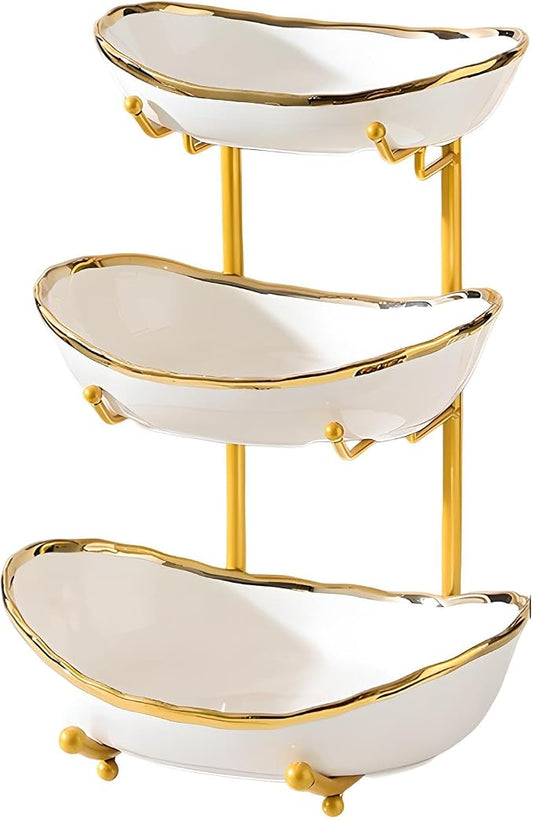 XUDREZ 3 Tier Fruit Bowl for Kitchen Counter with Metal Stand, Ceramic White Gold, Tiered Fruit Basket for Nuts, Snacks, Bread, Candy Storage (White A) by XUDREZ