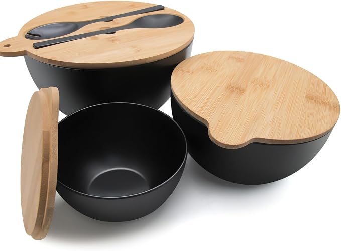 ECOWAY Salad Bowls Set of 3 with Seal Lid & Serving Utensils, Bamboo Fiber Mixing Bowls Set Large Serving Bowls & Storage Set with Bamboo Lid for Salad, Kitchen Eating, Pasta, Popcorn, Fruit, Black - Image 5
