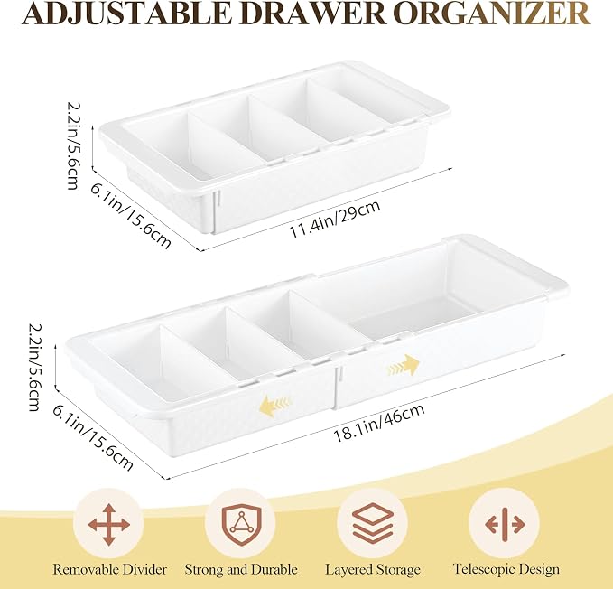 1 Pcs Expandable Drawer Organizer Bins Adjustable Deep Drawer Hanging Organizer Tray Expandable 11.4 to 18.1 Inches Plastic Dividers Storage for Office Bathroom Bedroom Kitchen Desk, White - Image 2