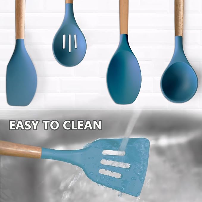 Silicone Kitchen Cooking Utensils Set 5Pcs Non-Stick Silicone Kitchen Utensils Set Spatula Spoon Turner Ladle with Wooden Handle, Heat Resistant Cooking Gadgets for Nonstick Cookware BPA-FREE - Image 7