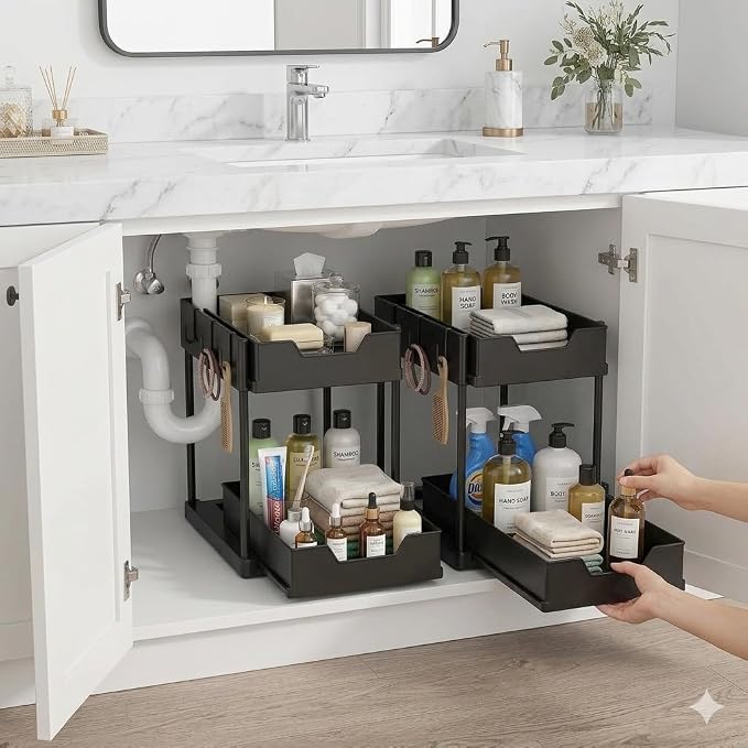 Set of 2 Under Sink Organizer, 2-Tier Black Plastic Storage Rack | Sliding Drawer, For Kitchen and Bathroom - Image 4