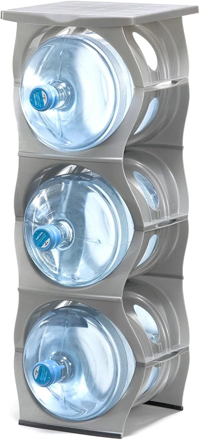 Stackable Water Bottle Storage Rack Best Water Jugs 5 Gallon Organizer. Jug Holder for Kitchen, Cabinet and Office Organizing. Reinforced Polypropylene (Silver, 3 Plus Shelf) by Bariboo