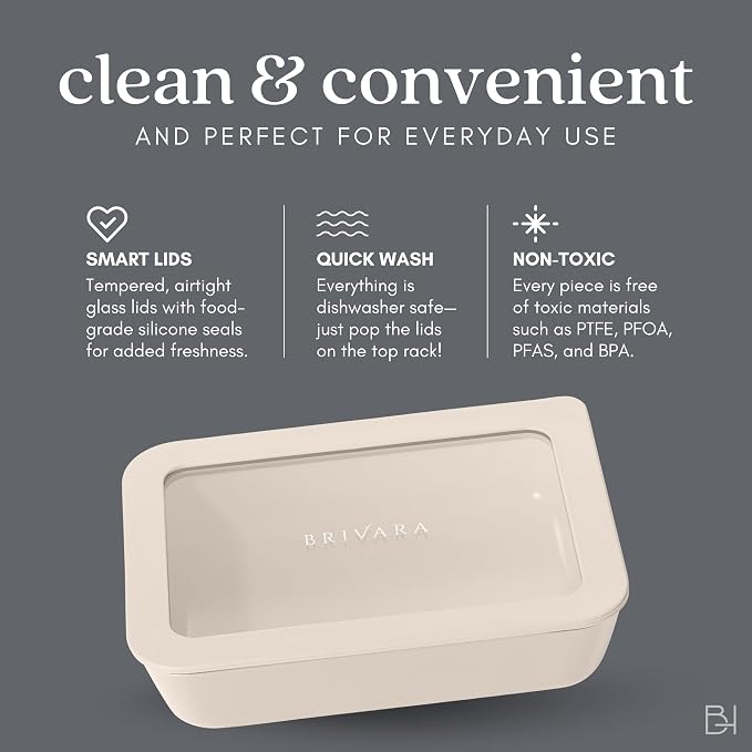 20-Piece Glass Food Storage Containers Set with Lids (10 Containers + 10 Lids) | Microwave-Safe Airtight Seal, Oven-Safe Ceramic-Coated Glass | Zero Plastic, No PFAS/PFOA/BPA [Crema] - Image 9