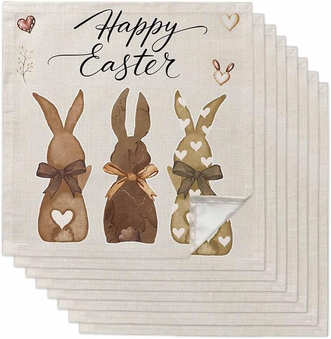 Kitchen Dinner Napkins Set of 8, Happy Easter Cloth Napkins Reusable Washable Table Napkins for Weddings Cocktail Parties Holiday Table Decor 20x20 Inch Brown Bunny Vintage Burlap Backdrop by Unknown