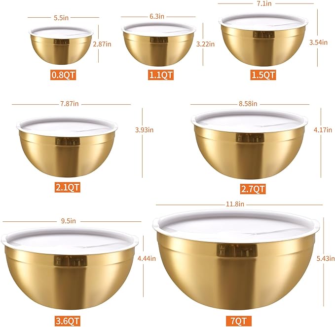 Gold Mixing Bowls With Airtight Lids,Stainless Steel Bowl,Salad Bowls 7 Piece Colorful Nesting Bowl Gold Kitchen Accessories,Size 7,3.6,2.7,2.1,1.5,1.1,0.8QT Stackable Design - Image 2