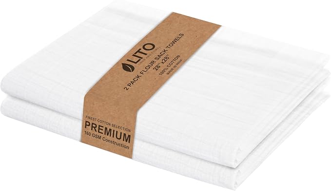 LITO LINEN AND TOWEL Flour Sack Towels – 100% Cotton, 28x28 Inches, Highly Absorbent, Embroidery-Ready Tea Towels for Kitchen & Crafts, Farmhouse Decor, Pack of 2 White by LITOLinenandTowel