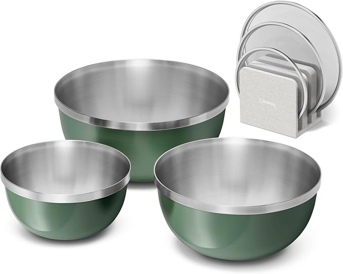 Caraway 7-Piece Mixing Bowl Set with Lids and Lid Storage Organizer | 6 qt, 4 qt, 2 qt Stainless Steel Bowls with Tempered Glass Lids, Non-Toxic, PFAS-Free, Sage by Unknown