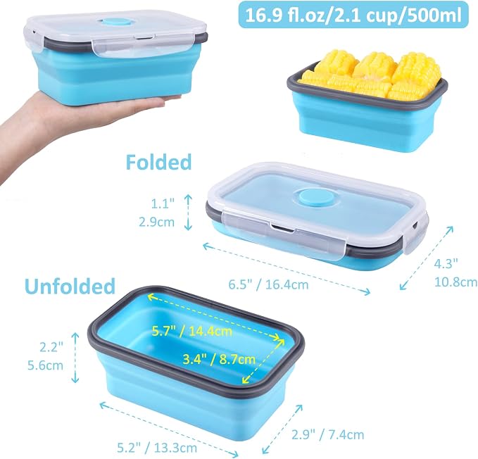 Collapsible Food Storage Containers with Airtight Lid, 16.9 oz, Small Kitchen Stacking Silicone Collapsible Meal Prep Container Set for Leftover, Microwave Freezer Dishwasher Safe, 4 Colors, Set of 4 - Image 5