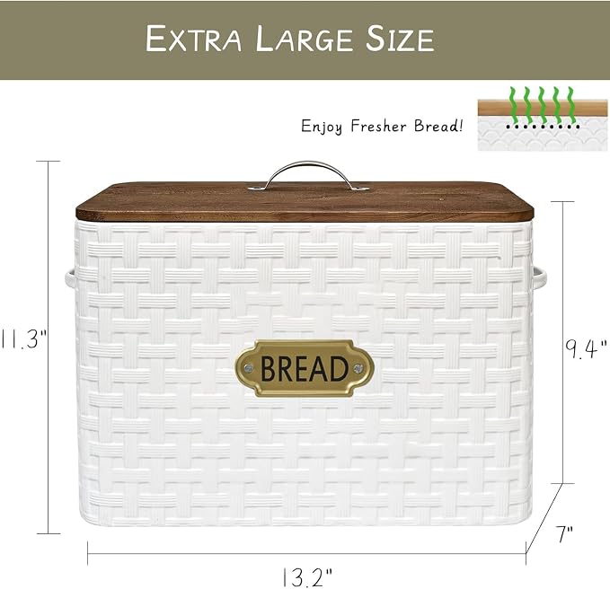 EMAX HOME Extra Large Space Saving Farmhouse Bread Box With Wood Lid - Vertical Breadbox Bread Storage Bin Holder for Kitchen Countertop, White - Image 5