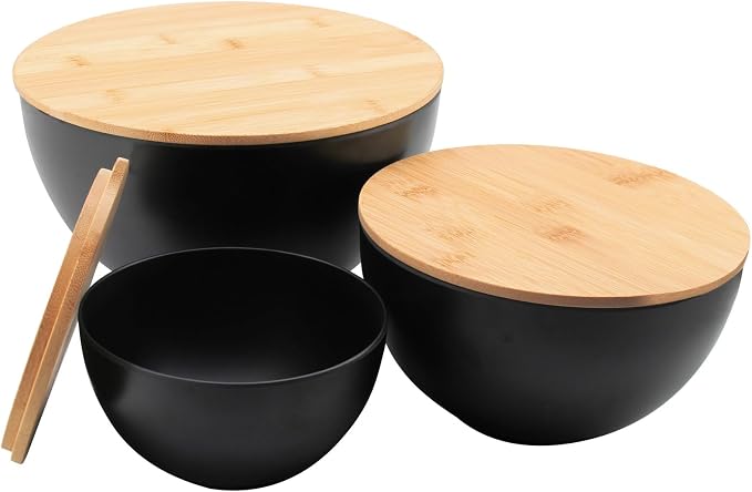 ECOWAY Salad Bowl Set of 3 with Bamboo Wooden Lids, Mixing Bowls Set, Nesting Bowls for Space Saving Storage, Made with Durable Eco-Friendly Bamboo Fiber, Great for Prepping and Serving Food, Black - Image 5