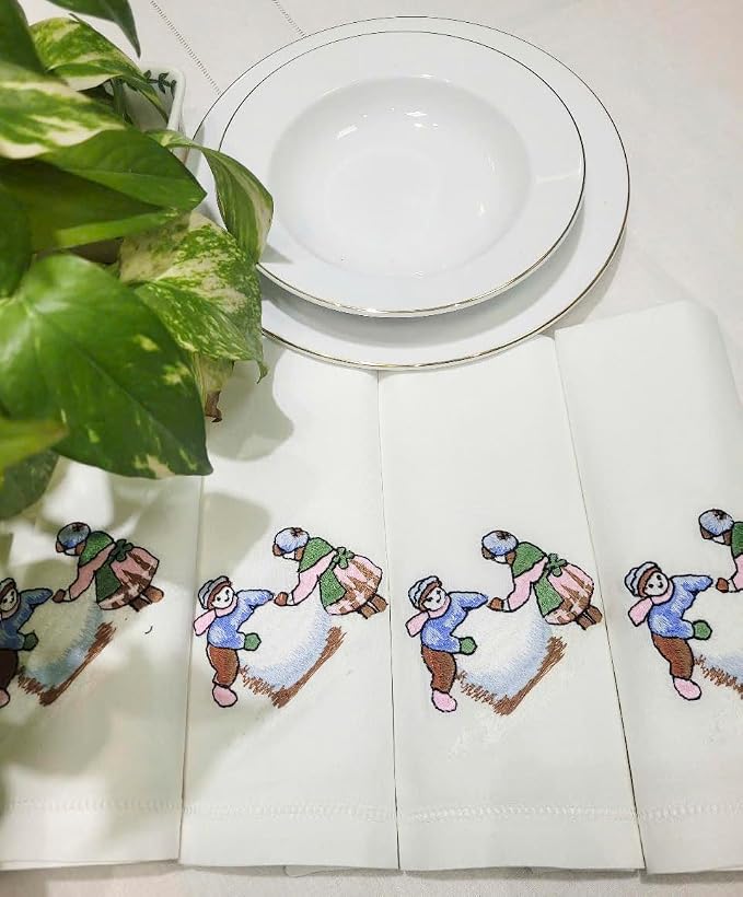 Embroidered Children Play with Snow Design Cloth Napkins Set of 6, 17"x17" Hemstitch Table Napkins Dinner Napkin Machine Washable for Dining Room, Daily & Holidays, Events, Great Present Ideas - Image 8