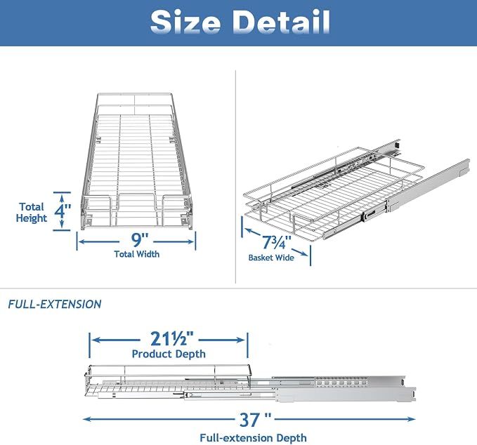 Pull Out Cabinet Organizer 9" W x 21½" D, Heavy Duty Cabinet Pull Out Shelves, Slide Out Drawers Organization for Kitchen Cabinets Bathroom - Image 3