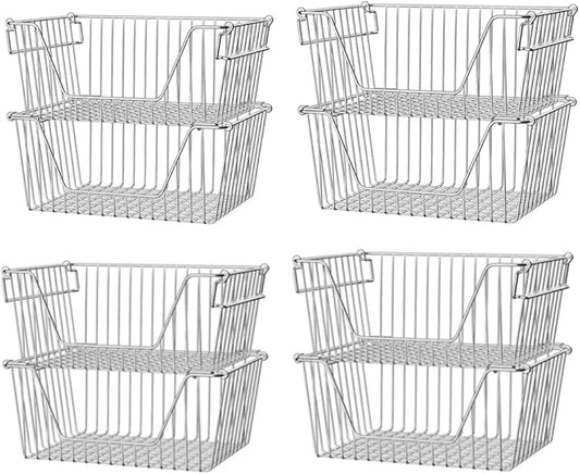 Slideep 14" Large Stackable Storage Baskets, Cabinet Organizer Sturdy Metal Wire Pantry Freezer Bin for Pantry Home Bathroom Kitchen Organization - Set of 8 by WelcometotheSlideep