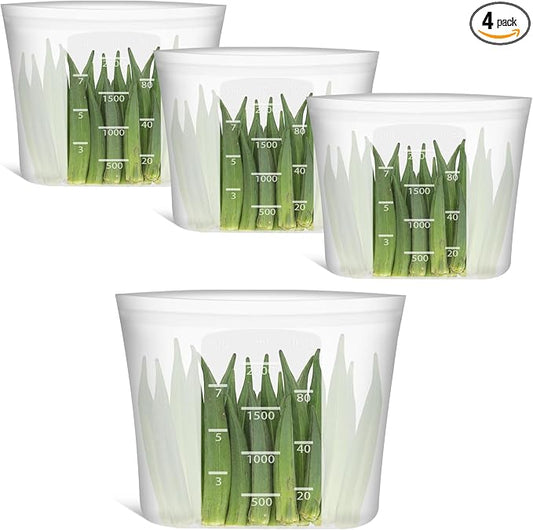 Reusable Food Storage Bags Half-Gallon, 4 Pack 100% Silicone Food Storage Bags Stand-Up Wide-Mouth Zip-Lock for Large Items, 67 fl.oz/2000 ml, Freezer Microwave Oven Dishwasher Safe, Translucent by Annaklin
