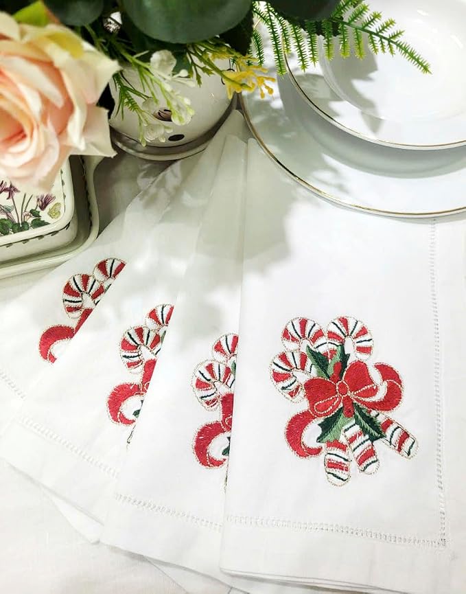 Embroidered Cloth Napkin – Red Candy Cane Christmas Cotton Napkins, Set of 6, 20x20 Hemstitch Table Napkin – Machine Washable – Ideal for Daily Use, Giving - Image 6