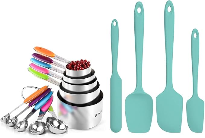 U-Taste Multicolors 18/8 Stainless Steel Measuring Cups and Spoons Set of 10 and Aqua Sky 600ºF High Heat-Resistant Silicone Spatula Set of 4 by U-Taste