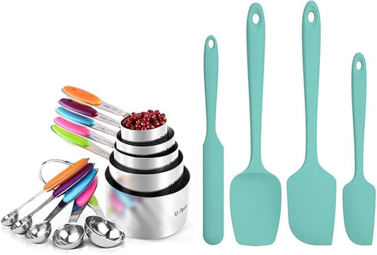 U-Taste Multicolors 18/8 Stainless Steel Measuring Cups and Spoons Set of 10 and Aqua Sky 600ºF High Heat-Resistant Silicone Spatula Set of 4 by U-Taste