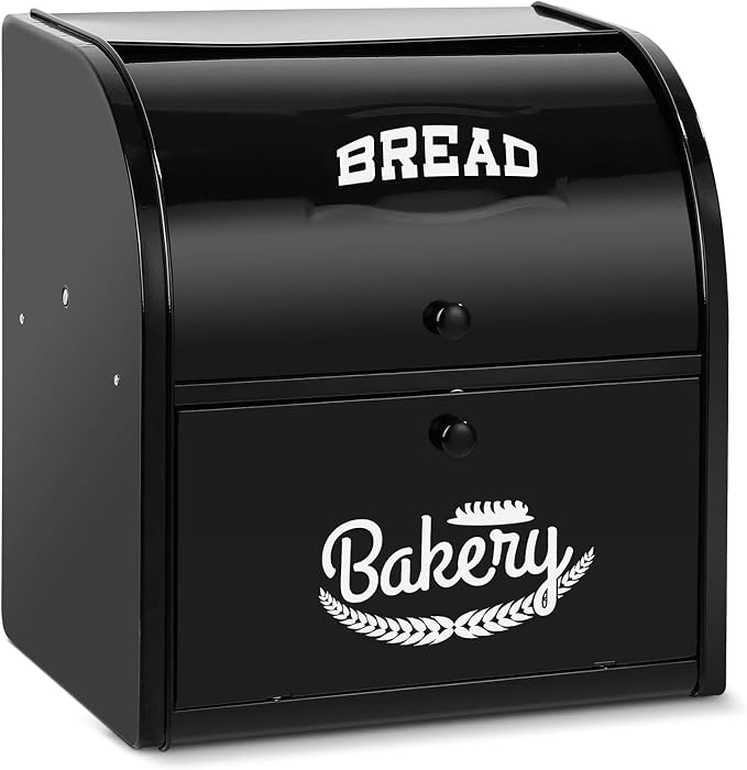 Stainless Steel Bread Box, 2 Layer Roll Top Bread Boxes, Large Capacity Food Storage Container for Kitchen Counter, Metal Bread Bin, Bread Holder for Countertop 12.6" x 9.7" x 12.8" (Black) by Pitmoly