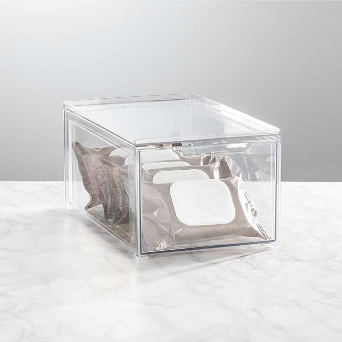 mDesign Plastic Stackable Bathroom Storage with Pull Out Bin Organizer Drawer for Cabinet, Vanity, Shelf, Cupboard, Cabinet, or Closet Organization - Lumiere Collection - 2 Pack - Clear - Image 7