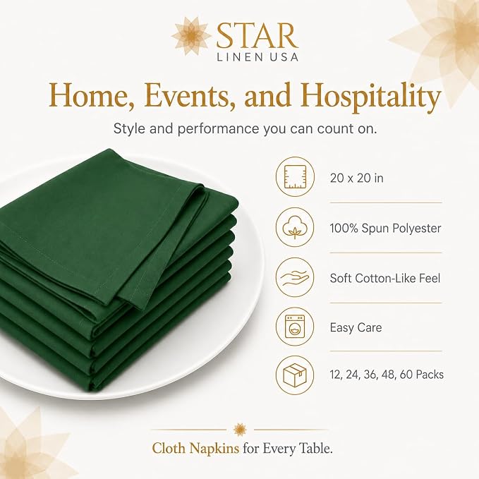 Green Cloth Napkins, 20 x 20 in, 24 Pack | Reusable spun polyester dinner napkins with cotton-like feel for restaurants, weddings and events - Image 4