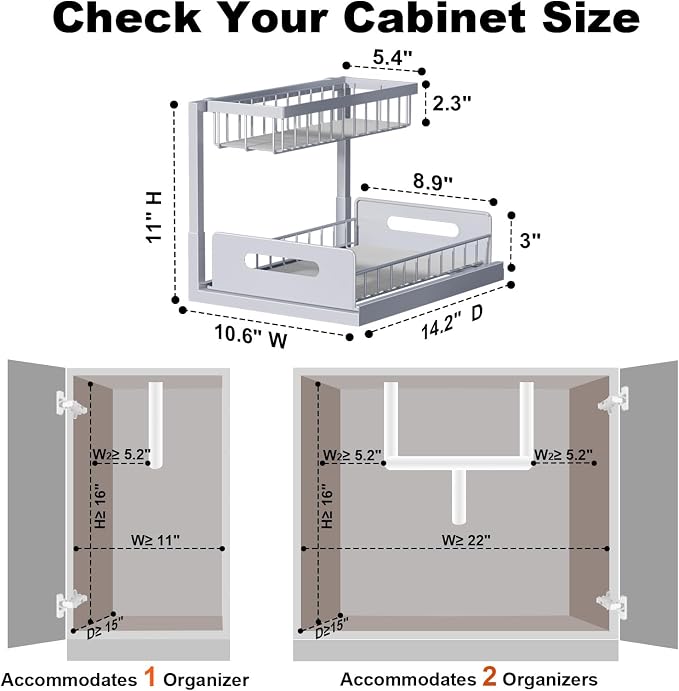 Under Sink Organizer, L-Shaped 2 Tier Pull Out Cabinet Organizer | For Kitchen and Bathroom, Slide Out Under Cabinet Storage, Metal Under Sink Storage with Sliding Drawer, 50 lbs, Grey 2 Pack - Image 2