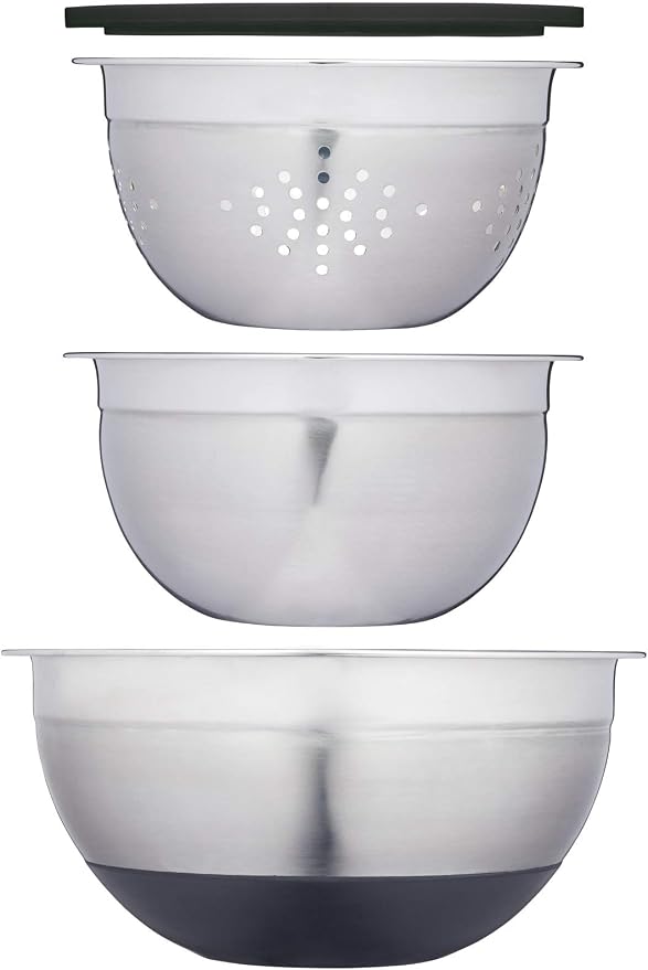 MasterClass Bowl Set, Mixing Bowl, Colander and Lid, Smart Space, Stainless Steel, Set of 3, White by Master+Class