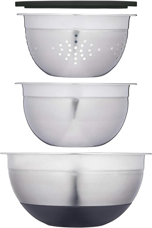 MasterClass Bowl Set, Mixing Bowl, Colander and Lid, Smart Space, Stainless Steel, Set of 3, White by Master+Class