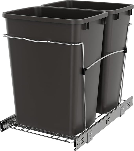 Rev-A-Shelf RV-18KD-13C-S Double Pullout Trash Can for Kitchen Cabinets 35 Quart Garbage Recycling Bin on Full Extension Slides, Gray by Rev-A-Shelf