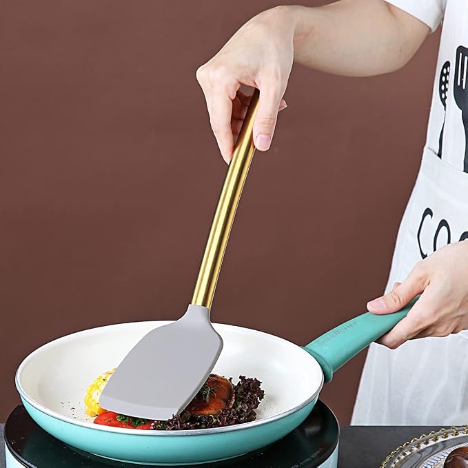 Berglander Non-stick Silicone Solid Turner, Titanium Gold Plating handle, Barbecue Spatula for Cooking, Dishwasher Safe, Easy to Clean - Image 6