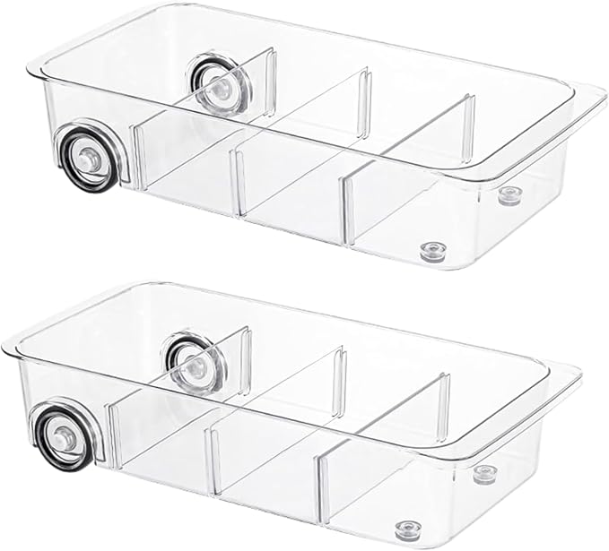 Fridge Organizer and Storage Drawer Roll Out Refrigerator Bins,2 Pack | Silicone Wheels,3 Pack Adjustable Dividers ,Easy to Clean for Pantry Storage Bins, Kitchen Organization by LXLXXL