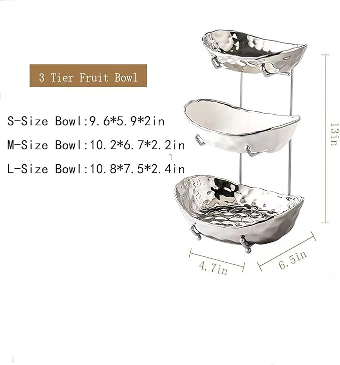 3-Tier Fruit Bowls for Kitchen Counter,Ceramic Bowl with Silver Metal Stand,3 Tier Fruit Basket for Fruit,Snack,Cake,Nuts,Dessert Storage - Image 2