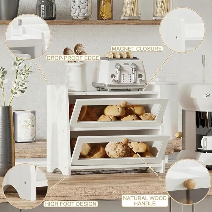 BAMBANG Bread Box for Kitchen Countertop, Extra Large Bamboo Bread Storage Container for Homemade Bread, Double Layer Sourdough Breadox, Bread Bin Organizer for Counter Cabinet Pantry, White - Image 4