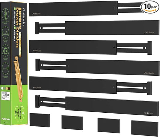 10pack Bamboo Drawer Dividers, Expandable Drawer Separators Splitter, 17-22 inches Adjustable Spring-loaded Organizer for Large Utensil, Clothes, Tools Drawers(Black) by ANTOWIN