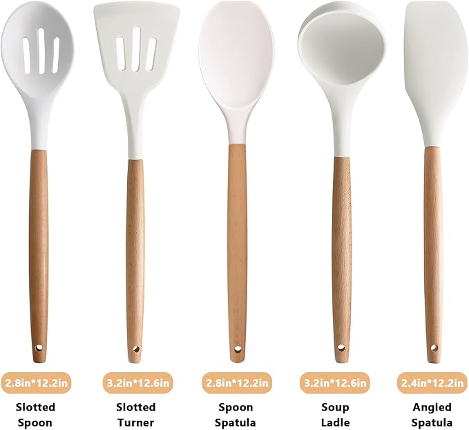 Silicone Kitchen Utensils Set of 5, Cooking Utensil Set with Heat Resistant Wooden Handle Non-Stick Silicone Spatula Spoon Turner Ladle, BPA FREE Cooking Kitchen Gadgets for Cookware & Baking - Image 3