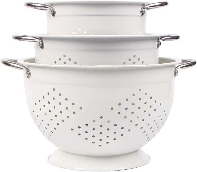 Stainless Steel Colander Set for Kitchen,1.5,3 & 5 Qt,White | metal Pasta&Vegetable Strainer，Ergonomic Side Handles，Space-Saving Nesting Design by Rorence