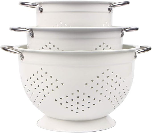 Stainless Steel Colander Set for Kitchen,1.5,3 & 5 Qt,White | metal Pasta&Vegetable Strainer，Ergonomic Side Handles，Space-Saving Nesting Design by Rorence