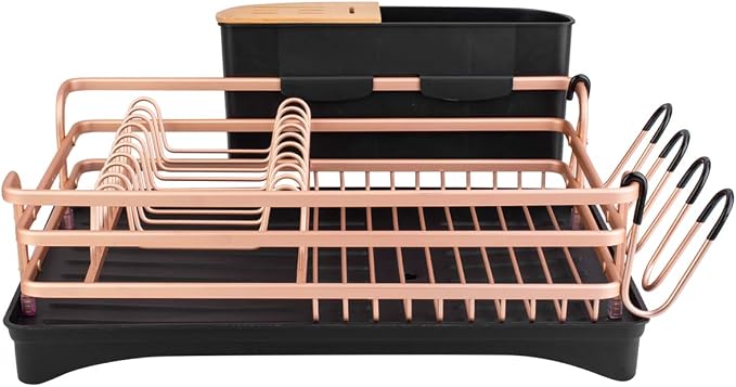 BACOENG Aluminum Dish Drying Rack,Never Rust Dish Rack with Removable Cutlery Holder & Cup Holder, 360° Swivel Spout Drain Board,Gold by BACOENG