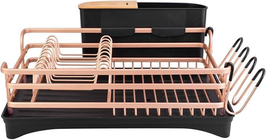 BACOENG Aluminum Dish Drying Rack,Never Rust Dish Rack with Removable Cutlery Holder & Cup Holder, 360° Swivel Spout Drain Board,Gold by BACOENG
