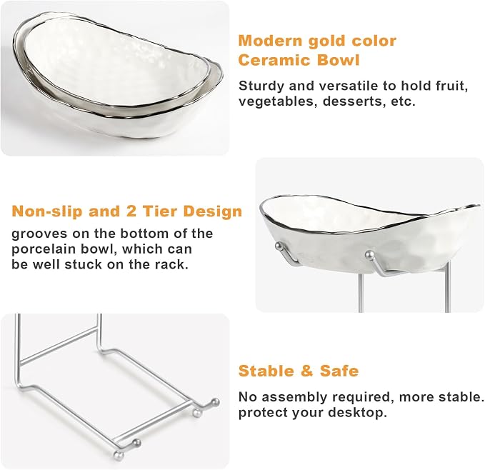 Fruit Bowl for Kitchen Counter - Two Tier Ceramic Fruit Basket, Fruit Holder for Fresh Fruit&Veggies, Modern Tiered Fruit Platter Serving Trays for Party - Image 4