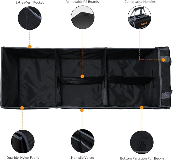 Car Trunk Organizer with Lid,Collapsible Car Storage Organizer with Multi Compartments and Securing Straps for SUV,Sedan,Jeep-Black & Grey - Image 3