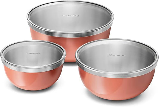 Caraway 6-Piece Stainless Steel Mixing Bowl Set with Glass Lids | 6 qt, 4 qt, 2 qt Kitchen Bowls with Tempered Glass Lids, Non-Toxic, PFAS-Free, Perracotta by Unknown
