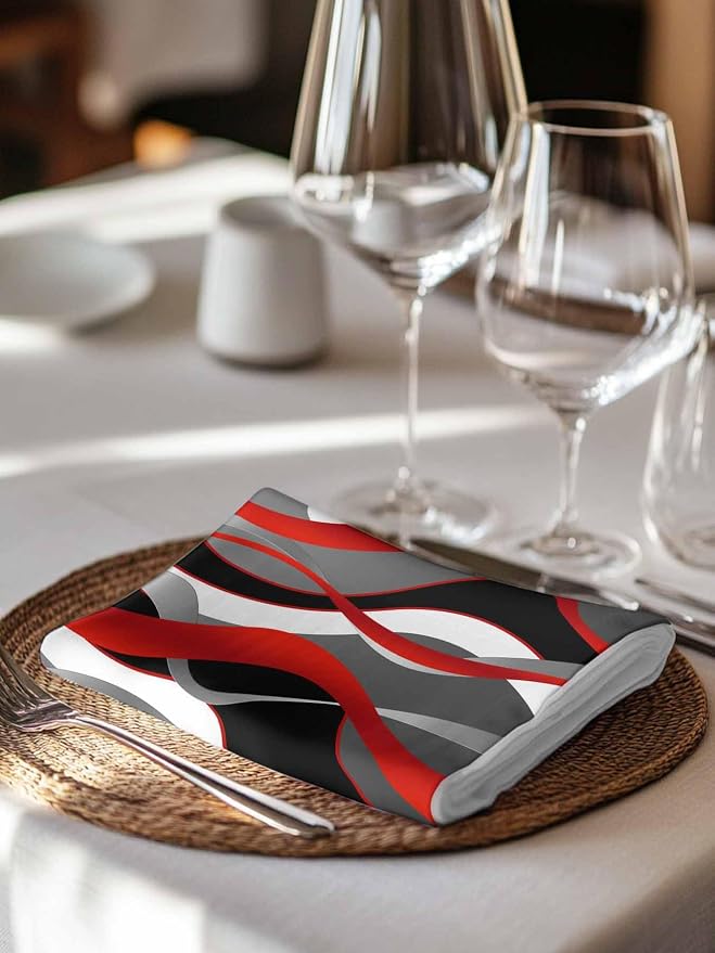 Red Ombre Cloth Napkins Set of 8, Black White Grey Abstract Wavy Line Dinner Napkins Cloth Washable, Cocktail Napkins Reusable for Wedding, Party, Birthday (20"x20") - Image 3