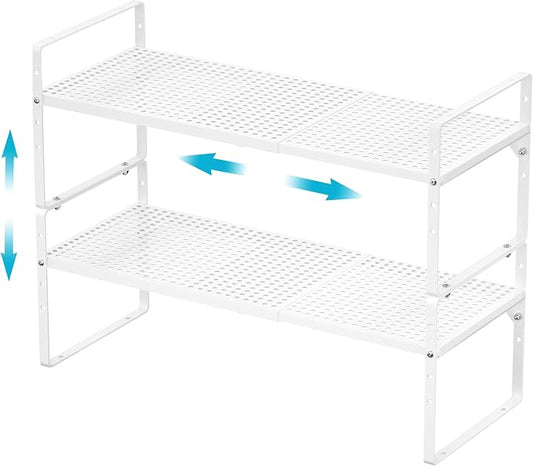 2 Pack Large Expandable Cabinet Storage Shelf, Heavy Duty Stackable Steel Metal Spice Rack Adjustable Height Home Office Pantry Garage Shelves for Counter Kitchen Organization, White by iPEGTOP