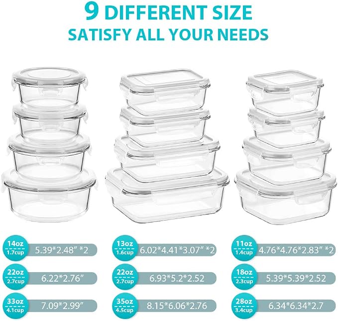 Glass Food Storage Containers with Lids, [24 Piece] Meal Prep Containers, Airtight Glass Bento Boxes, BPA Free & Leak Proof (12 lids & 12 Containers)-Grey - Image 2